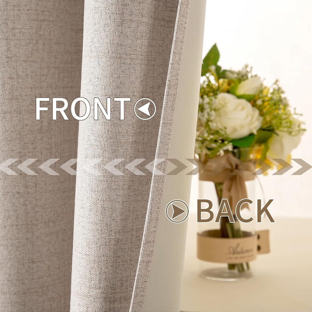 100% Blackout Linen Textured Curtains for Bedroom Solid Thermal Insulated Natural Beige Grommet Room Darkening