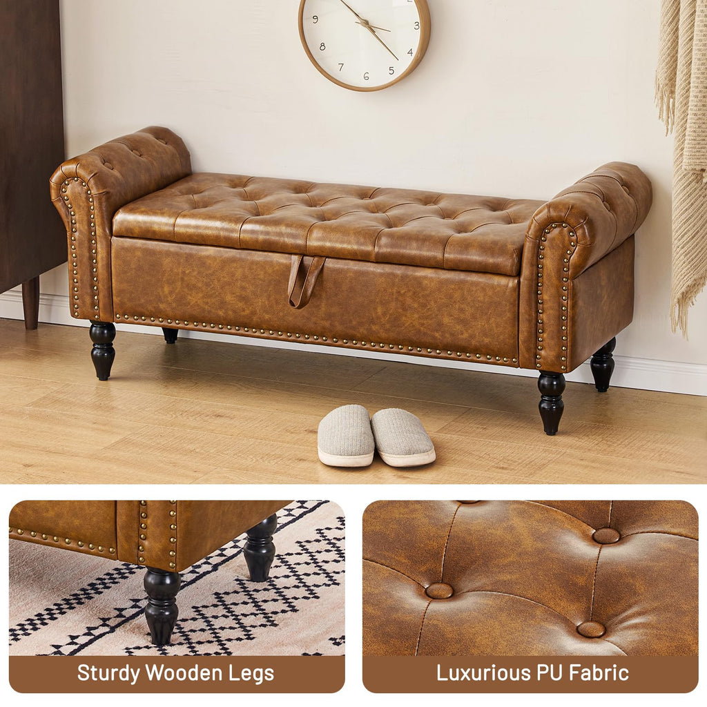 Storage Ottoman Bench, Leather Benches End of Bed Bench with Solid Wood Legs Upholstered Ottoman Bench with Storage