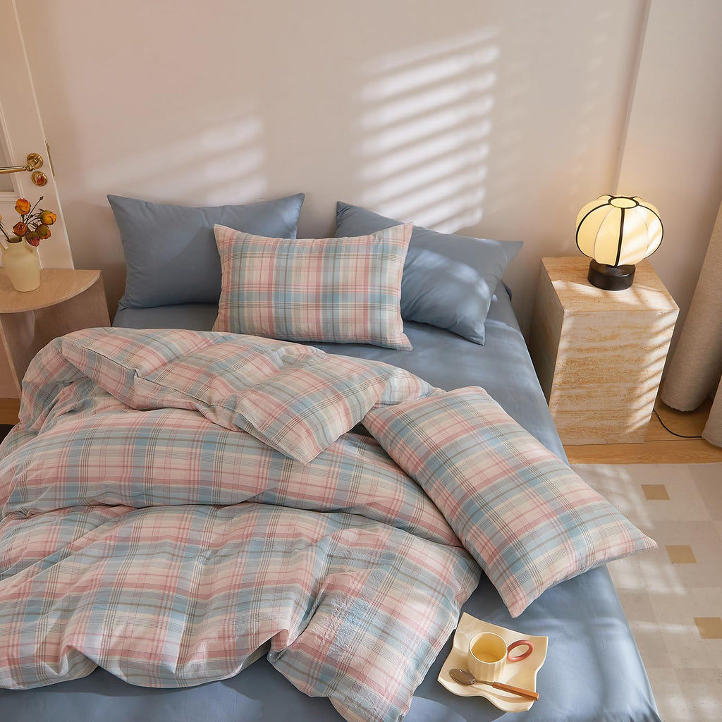 Blush Blue Plaid Comforter Set Gingham Grid 3 Pieces Vintage Checkered Pattern Comforter Buffalo Plaid