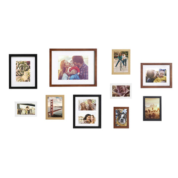 Gallery Mid-Century Wood Wall Frame Set, Set of 10, Walnut Brown, Gold, Black, and White