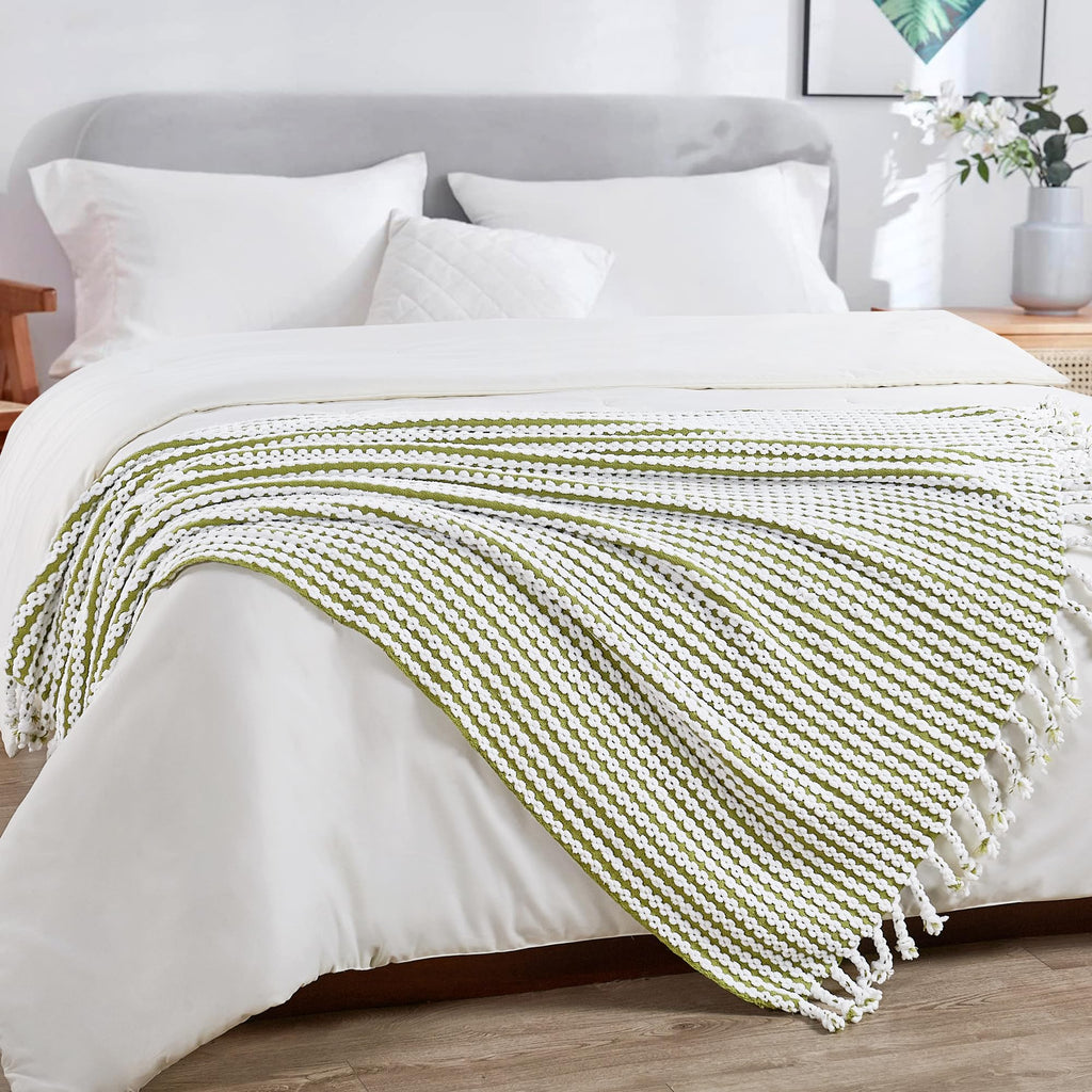 Striped Knit Throw Blanket with Braided Tassels 50" x 60", Hand Knitted Soft Chunky Chain Design Boho Farmhouse