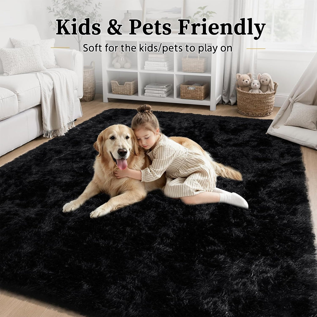 Fluffy Shag Area Rug Living Room Bedroom Washable Black