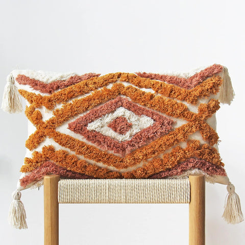 Boho Lumbar Throw Pillow Covers with Handmade Tassels Decorative Woven Tufted Orange Lumbar Pillowcase