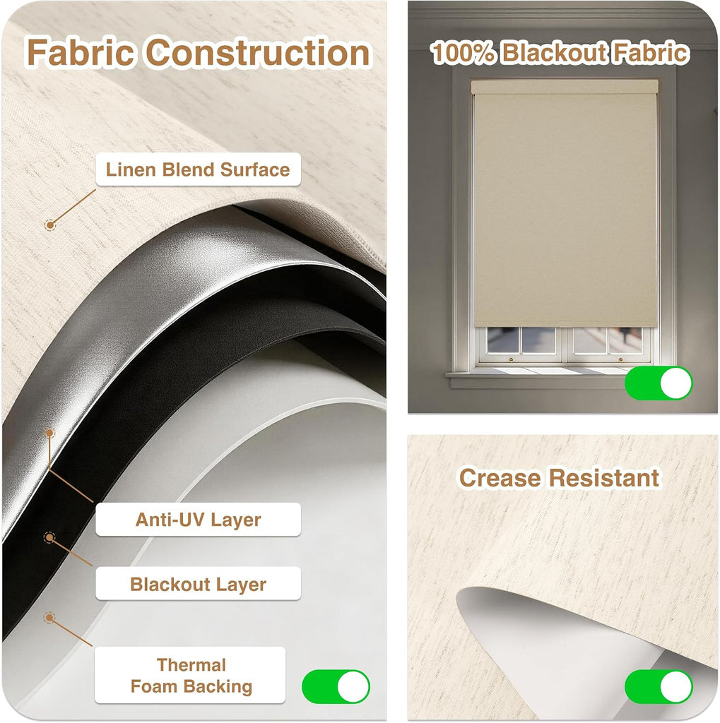 No Drill Cordless Blackout Roller Shades, Linen, | Thermal Insulation, UV Privacy Protection, Easy Install Fabric