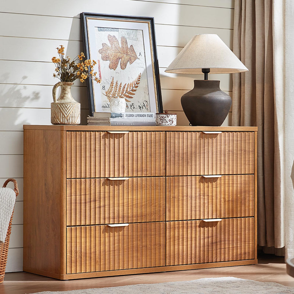Fluted 6 Drawers Dresser Set of 2, 48" Wide Modern Chest of Drawers with Metal Handle, Brown Curved Profile Farmhouse
