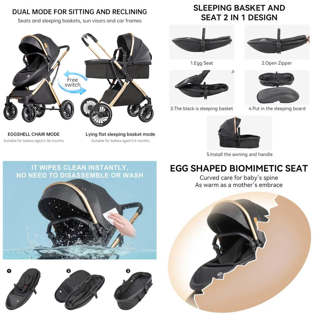 PU Leather 2 in 1 Baby Stroller Reversible Portable Standard Stroller Convertible Pushchair Infant Buggy Baby