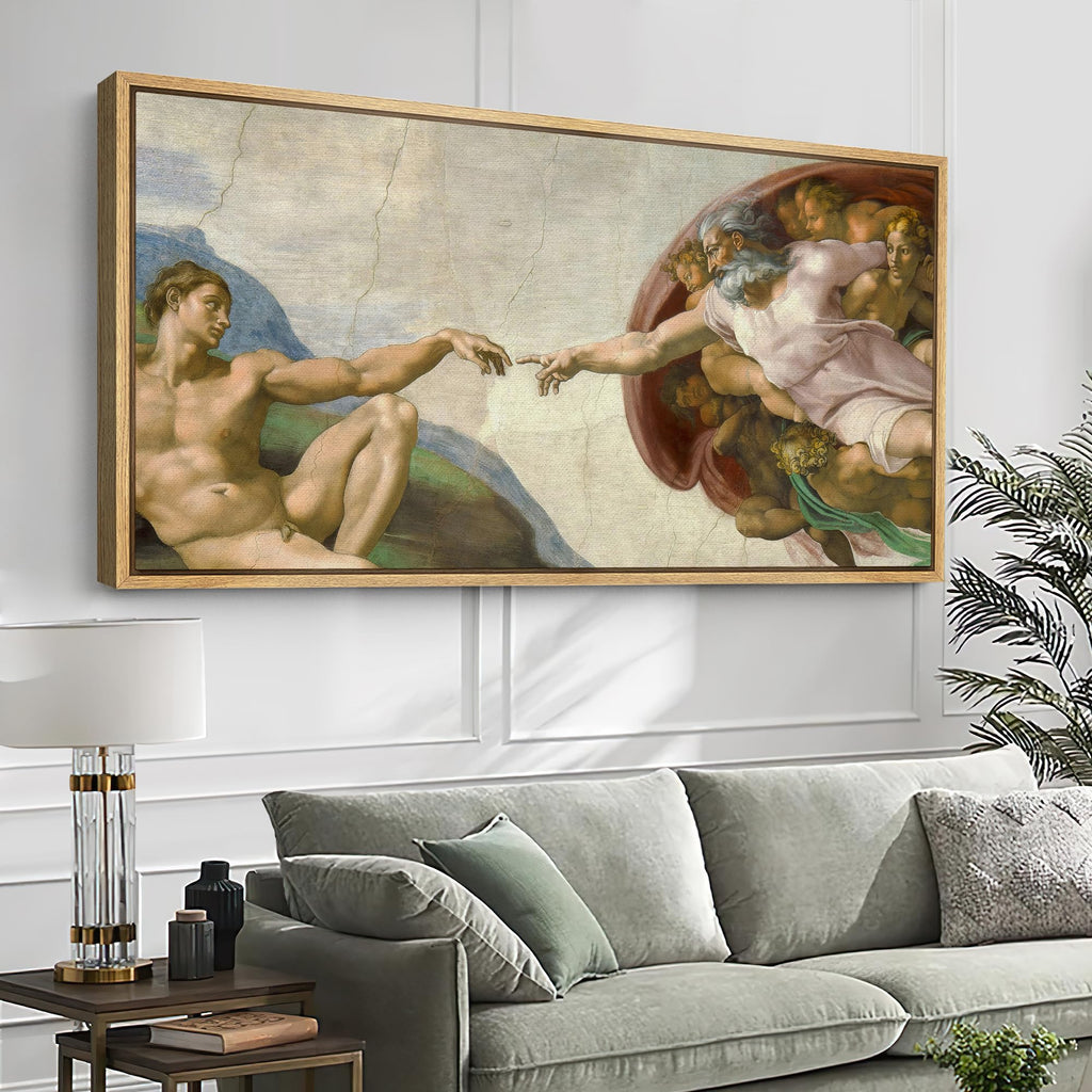Extra Large Framed Canvas Print Wall Art The Creation of Adam by Michelangelo Illustrations Modern Art Calm Warm
