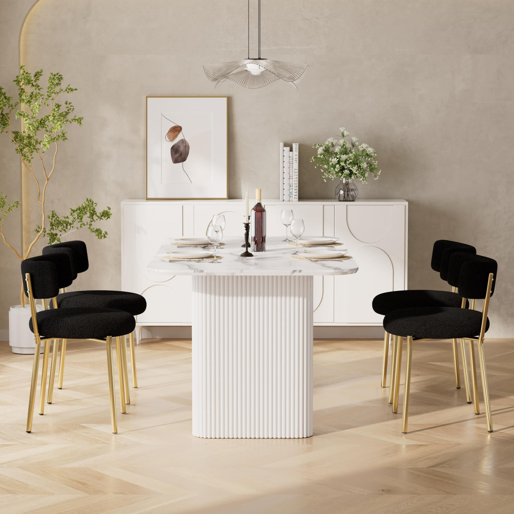 Boucle Set of 2, Modern Round Upholstered, Curved Backrest Kitchen Dining Room Chairs, Mid-Century Black Dining