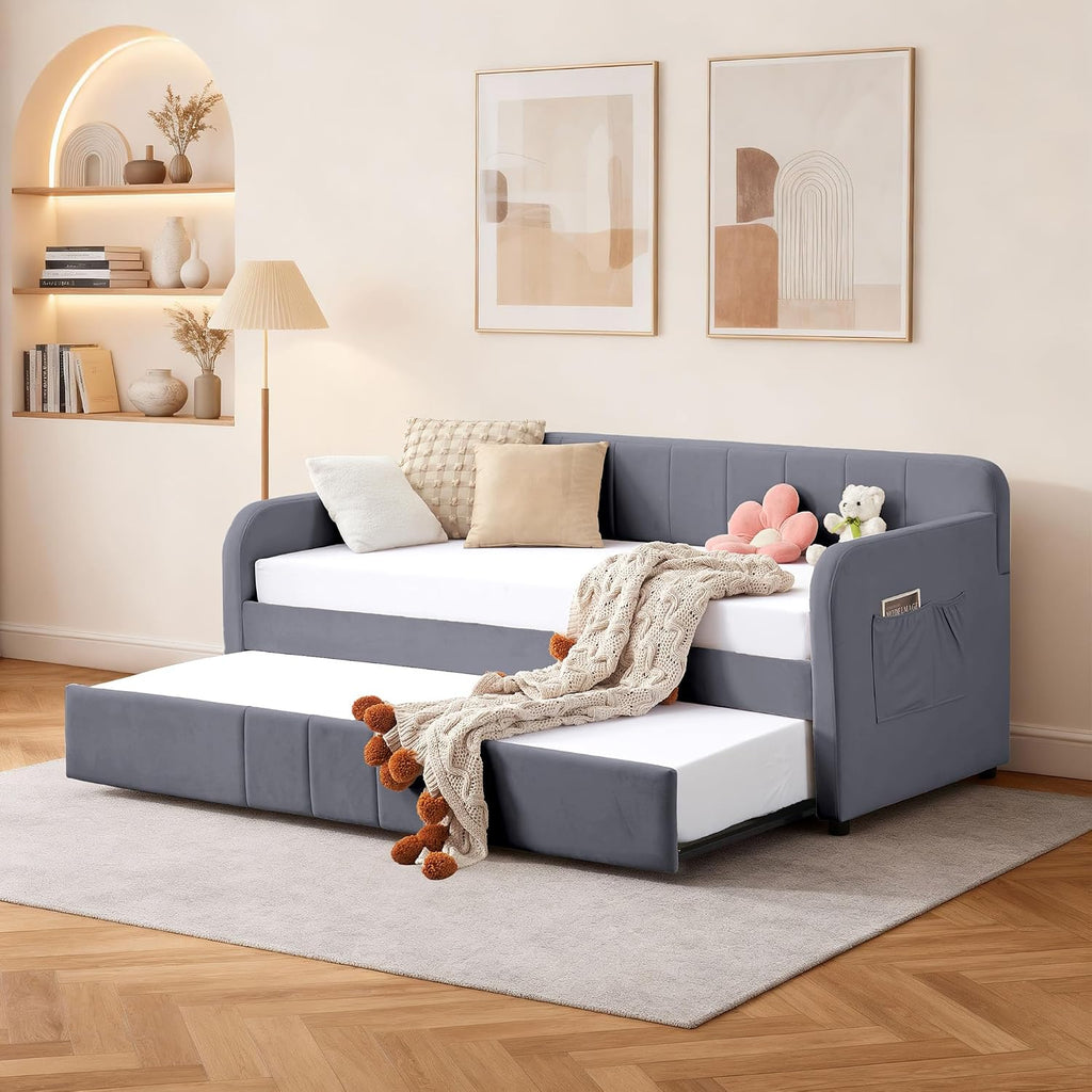 Twin Size Velvet Daybed Frame with Pop-up Trundle Bed Guest/Living Room, Space-Saving Upholstered Sofabed with USB