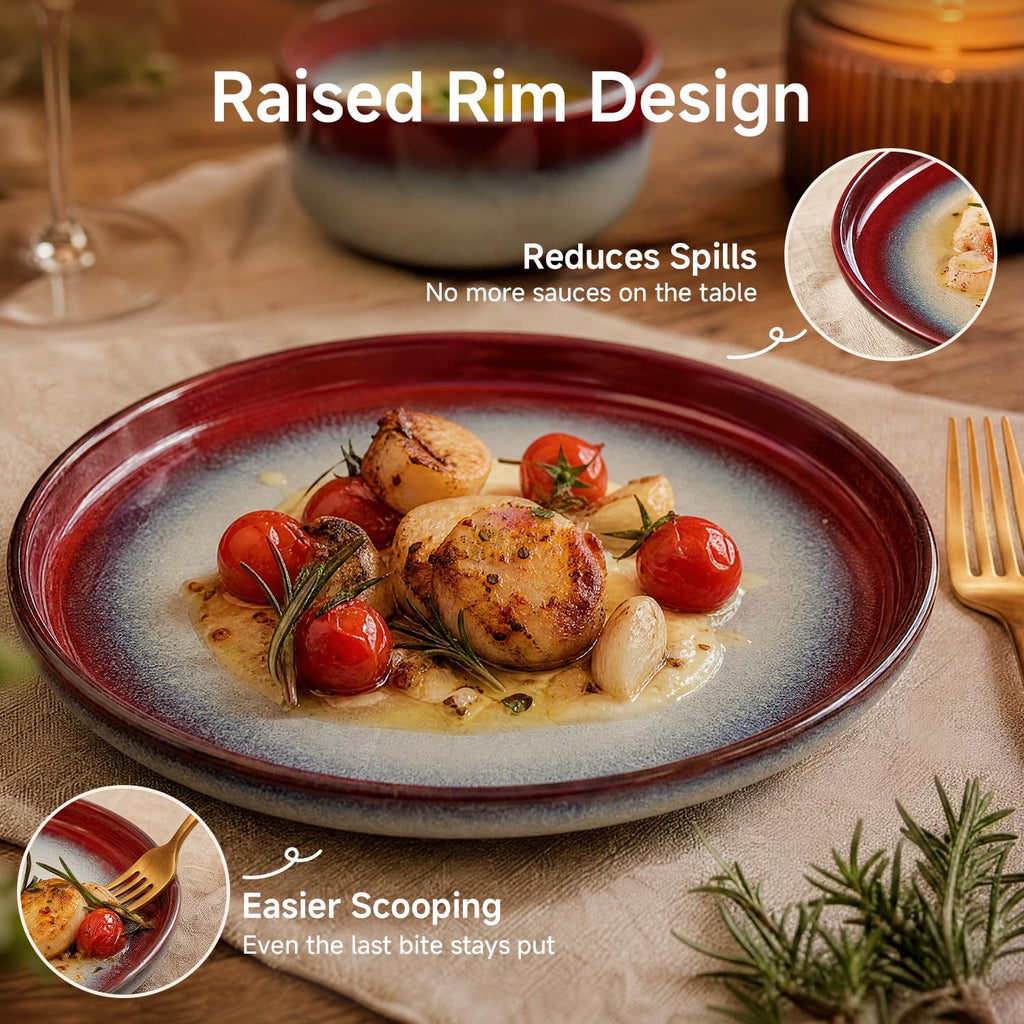 Dinnerware Set for 8, Red Reactive Glaze Plates and Bowls Sets