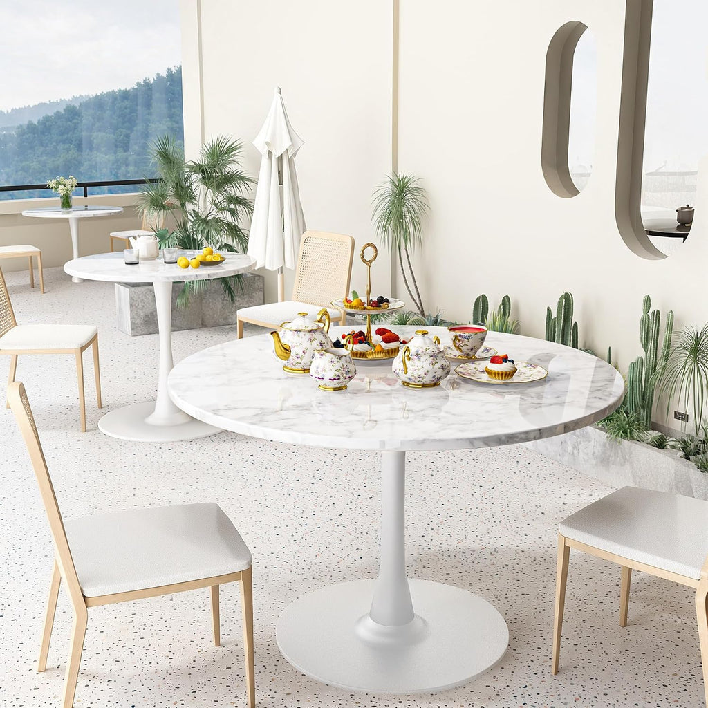 Inspired Saarinen Style Tulip Round Pedestal Dining Table — White Marble Top, 39.1″ Round