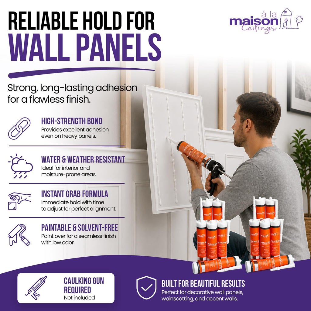 Instant Grab - Ceiling Tile Wall Panel & Crown Molding Adhesive - High-Strength Water-Resistant Glue for