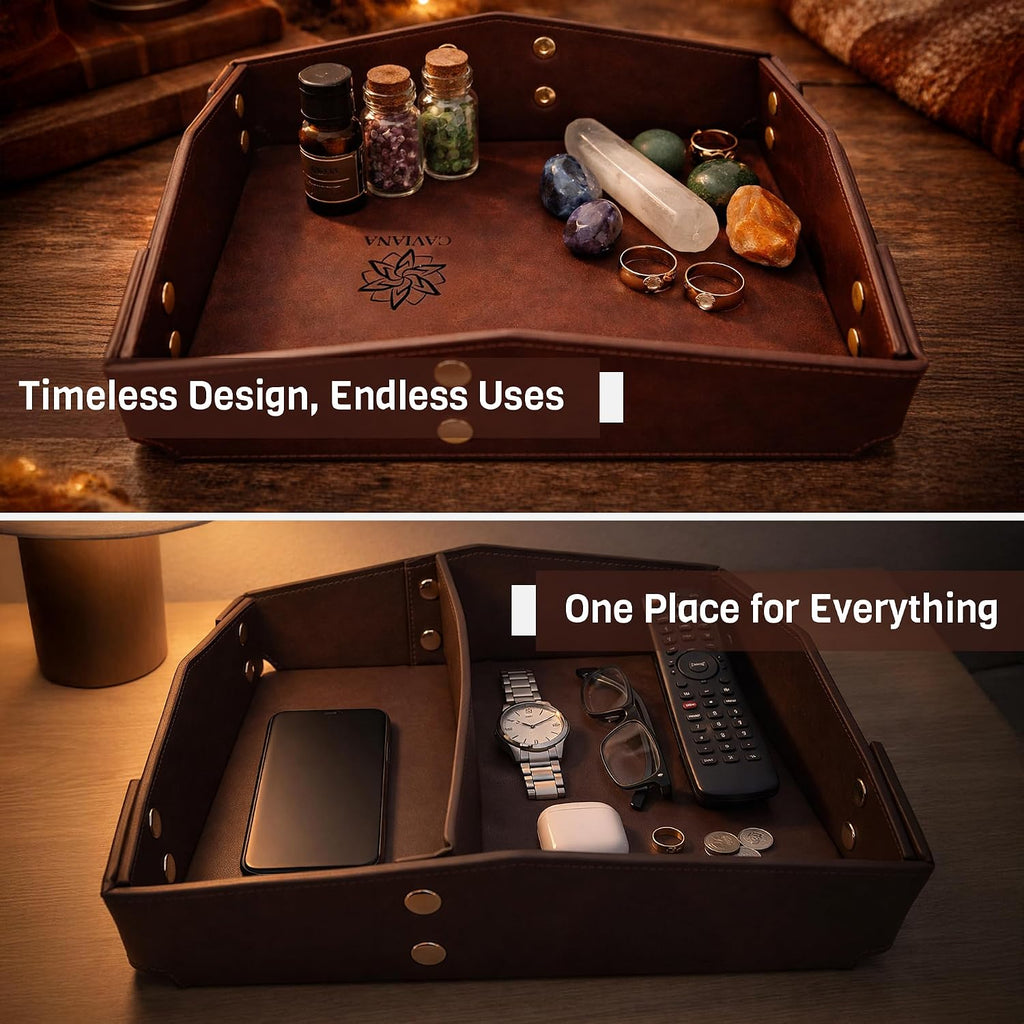 Valet Tray Organizer for Men & Women - PU Leather Catch All Tray with Removable Divider - EDC Storage for Keys - Set of 2