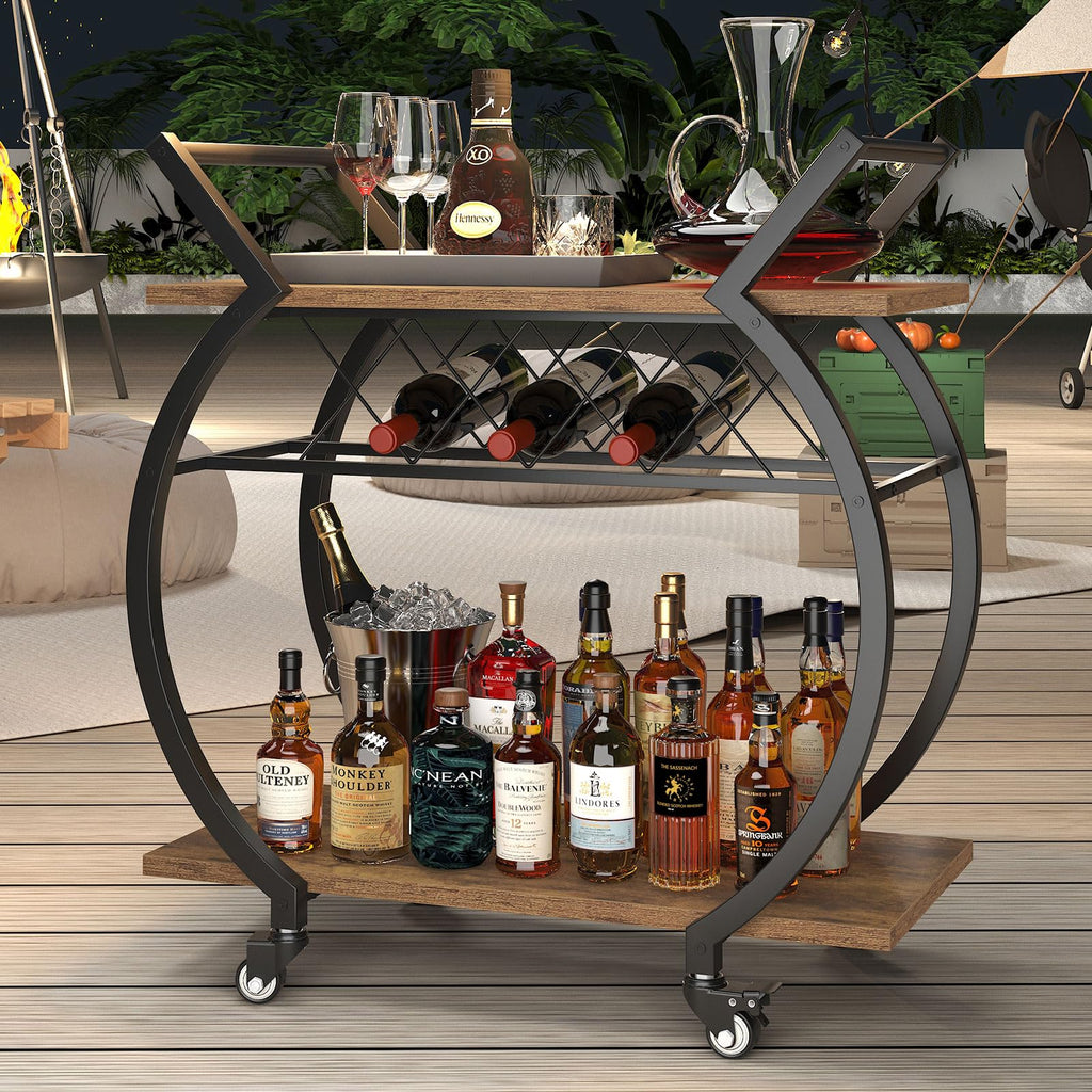 Industrial Bar Cart, Beverage Serving Cart with Wheels, Rustic Brown