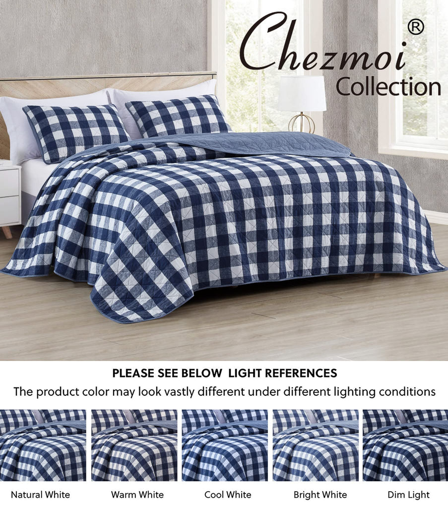3-Piece Blue White Plaid Cotton Quilt Set - Buffalo Check Solid Reversible Bedspread - Pre-Washed Cotton Lightweight