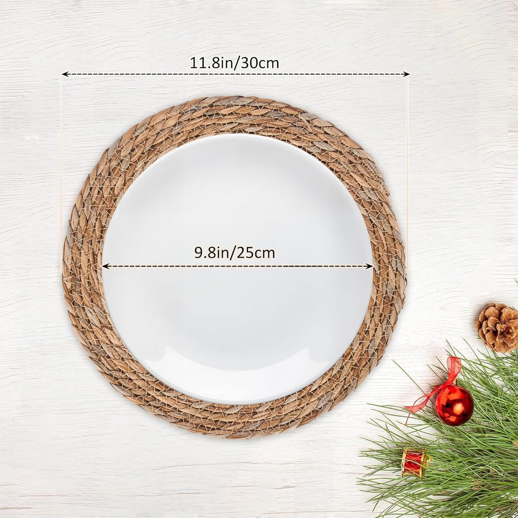 Defined Deco Woven Placemats,12" Round Rattan Placemats,Natural Hand-Woven Water Hyacinth - Set of 6