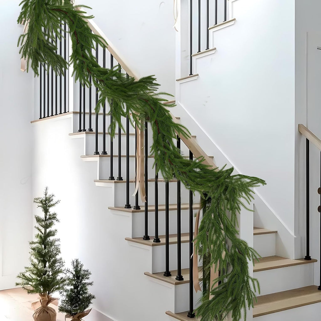 6Ft Artificial Norfolk Pine Garlands, Real Touch Winter Pine Garland, Green Artificial Greenery Garland - Set of 2