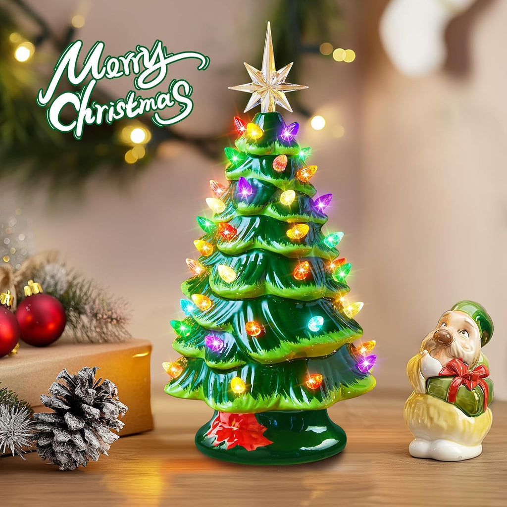 13 Inch Ceramic Christmas Tree, Pre-lit Tabletop Christmas Tree with Multicolored LED Lights, Battery Operated