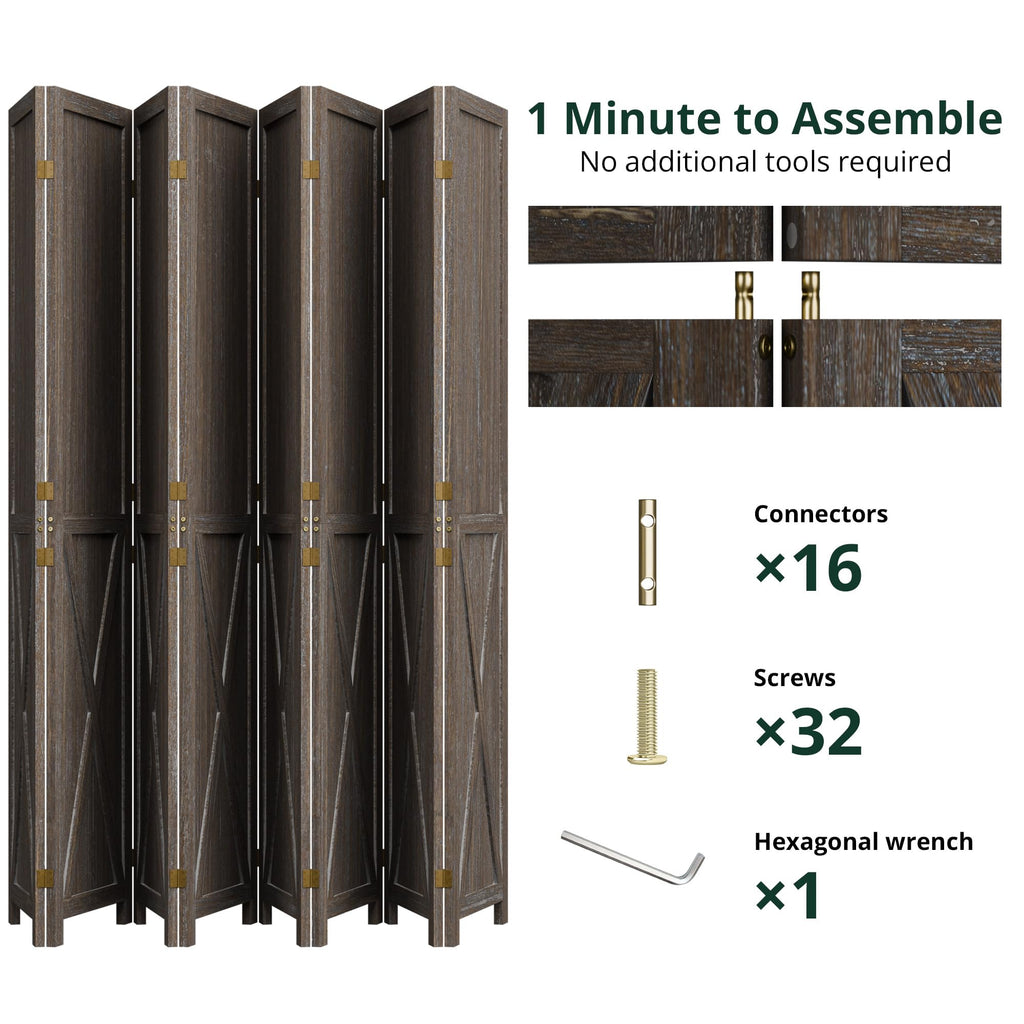 8 Panel Folding Room Divider, Solid Wood Privacy Screen, Freestanding Partition Wall, Temporary Wall