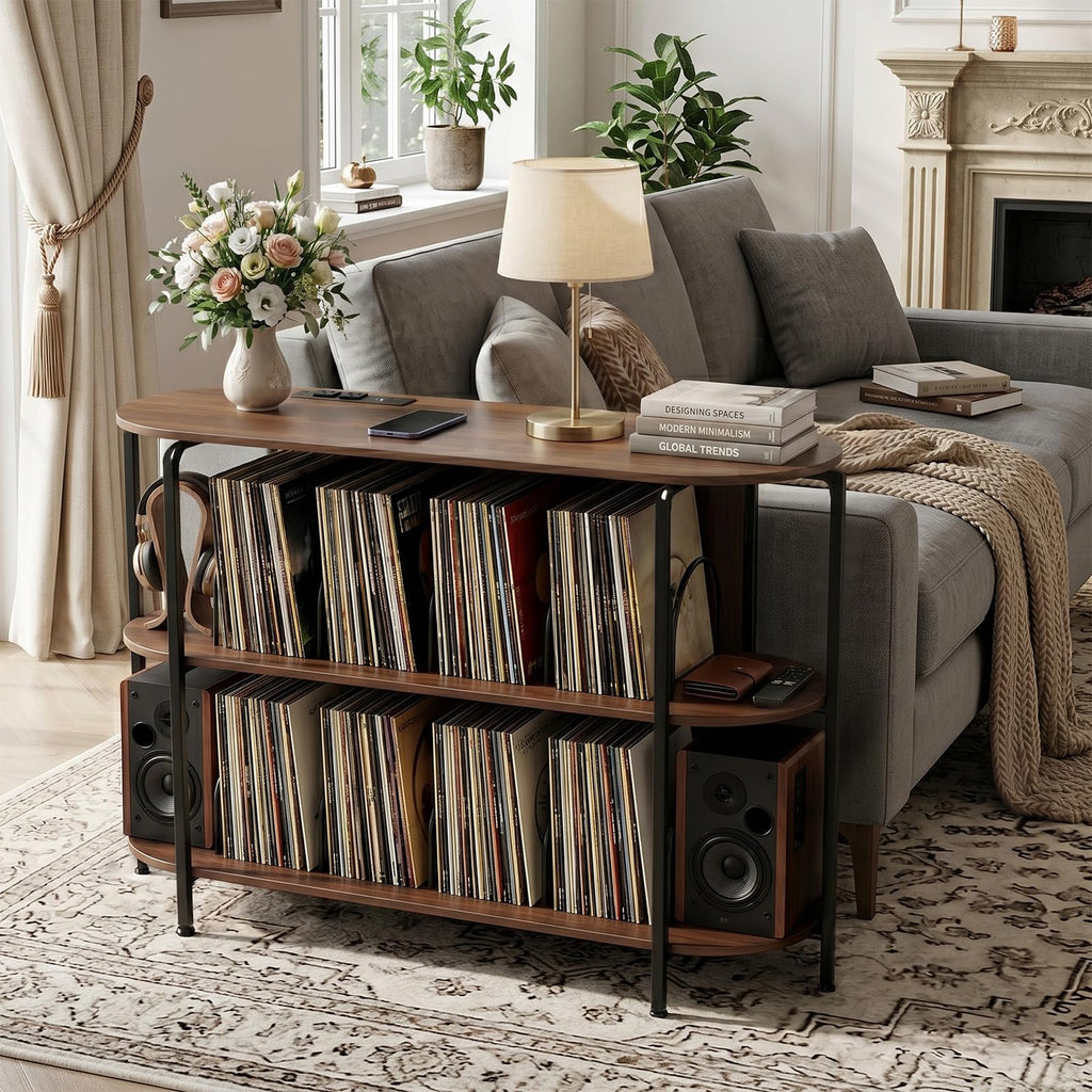 43.3" Record Player Stand with Power Outlets, 3-Tier Vinyl Record Storage Cabinet Holds Up to 400 Albums, Turntable