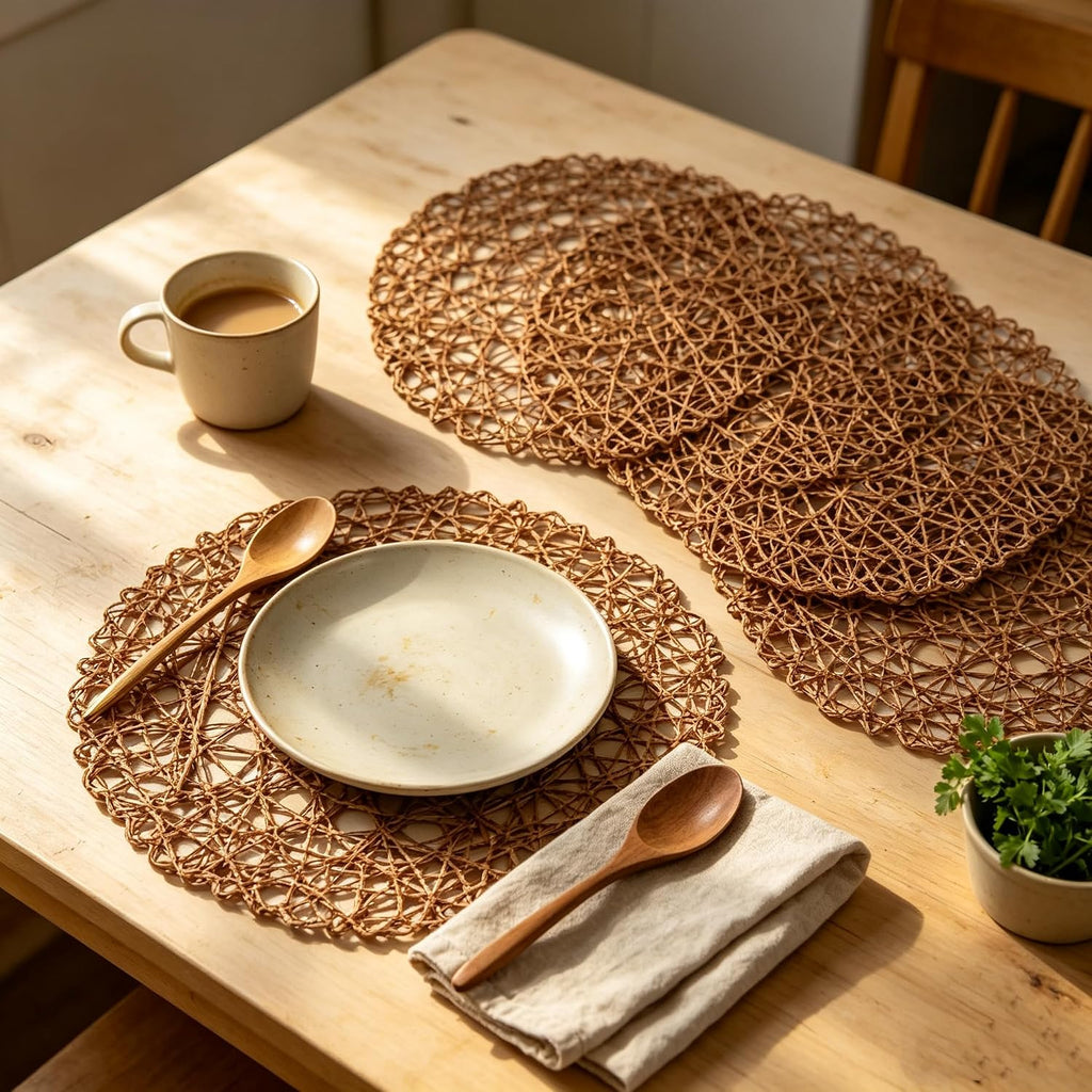 Brown Round Placemats for Dining Table, 15 Inch Paper Woven Boho Decorative Circle Place Mat for Wedding - Set of 6