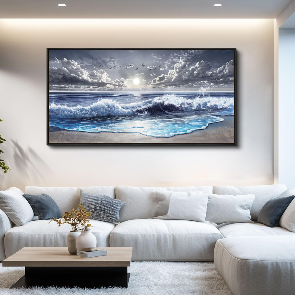 Blue Ocean Large Canvas Wall Art Prints, Coastal Sunset Landscape Paintings, Nature Waves Beach Wall Decor, Seascape