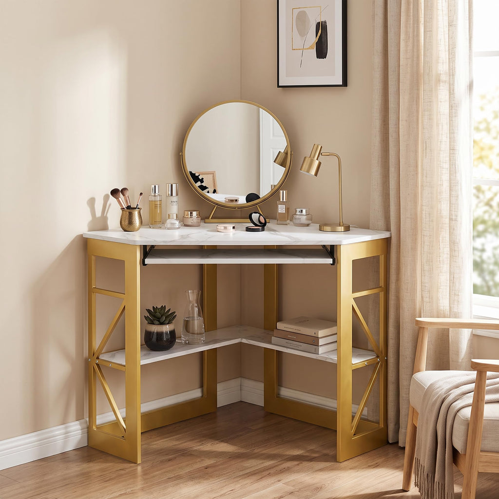 Corner Computer Desk 41 x 30 inches with Smooth Keyboard & Storage Shelves Workstation, White & Gold
