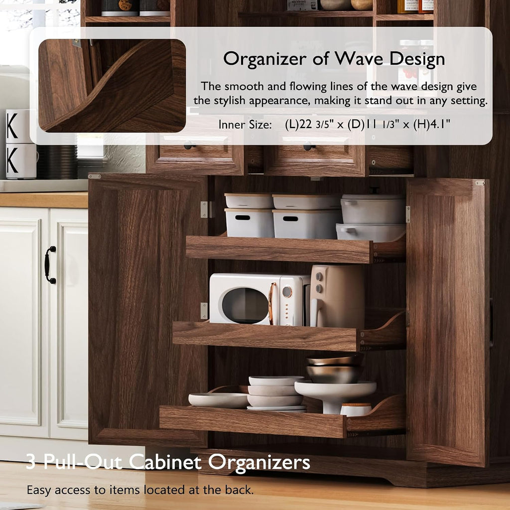 71" Tall Farmhouse Pantry Cabinet with Pull-Out Shelves, Brown | Farmhouse Pantry Cabinet, Pull-Out Organizers, Door