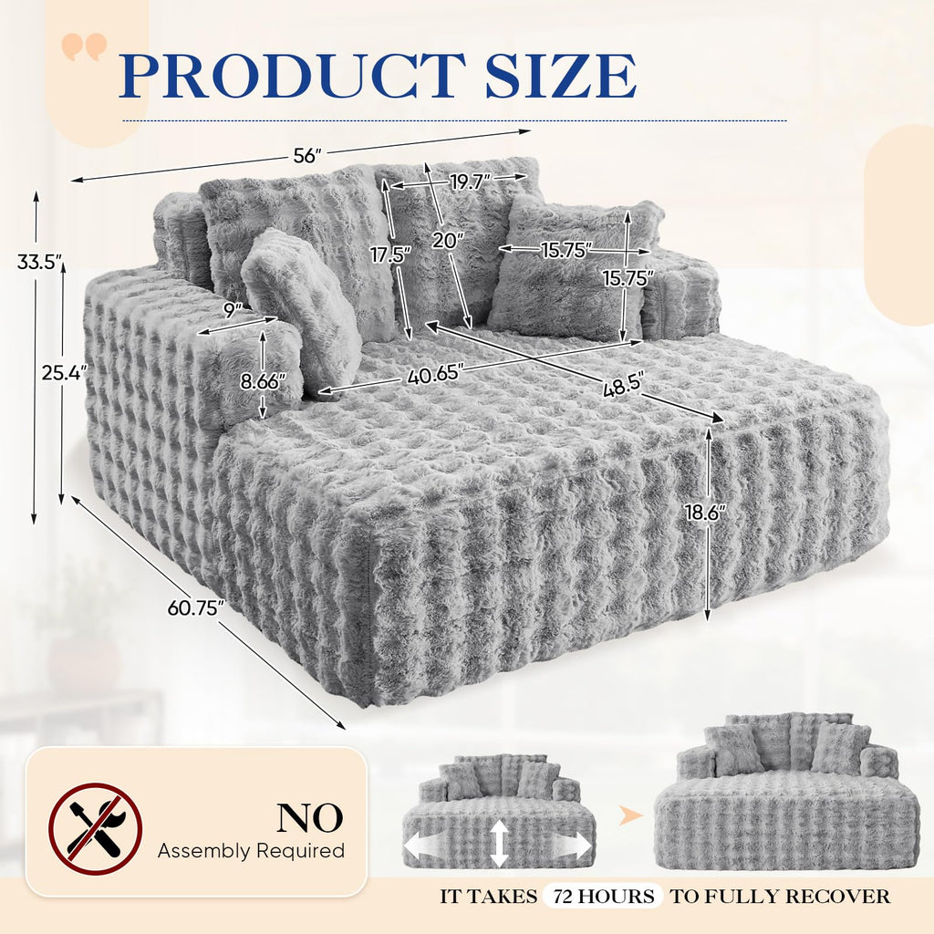 60.75" Oversized Chaise Lounge Indoor, Modern Comfy Bubble Faux Fur Fabric Deep Seat Boneless Sleeper Chaise Lounge