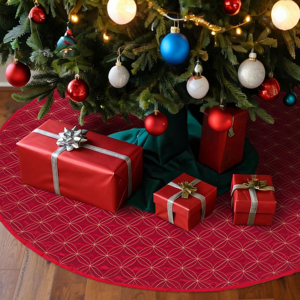 60 Inches Burgundy Quilted Christmas Tree Skirt Classic Reversible Xmas Tree Skirt with Metallic Gold Threading for