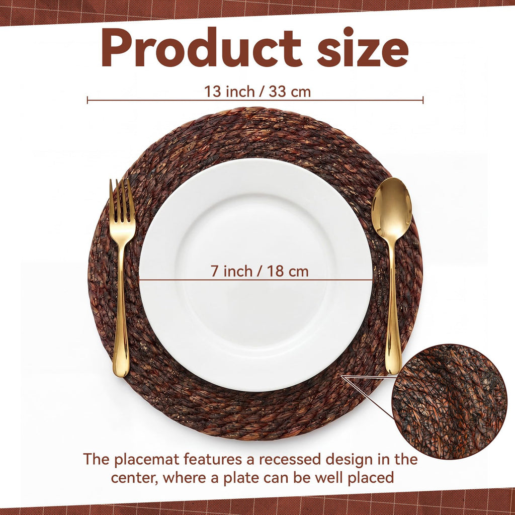 13 Inch Boho Placemats Set of 6 Large Round Farmhouse Chargers Plate Mats Cattail Weave Woven Table Mats for Dining