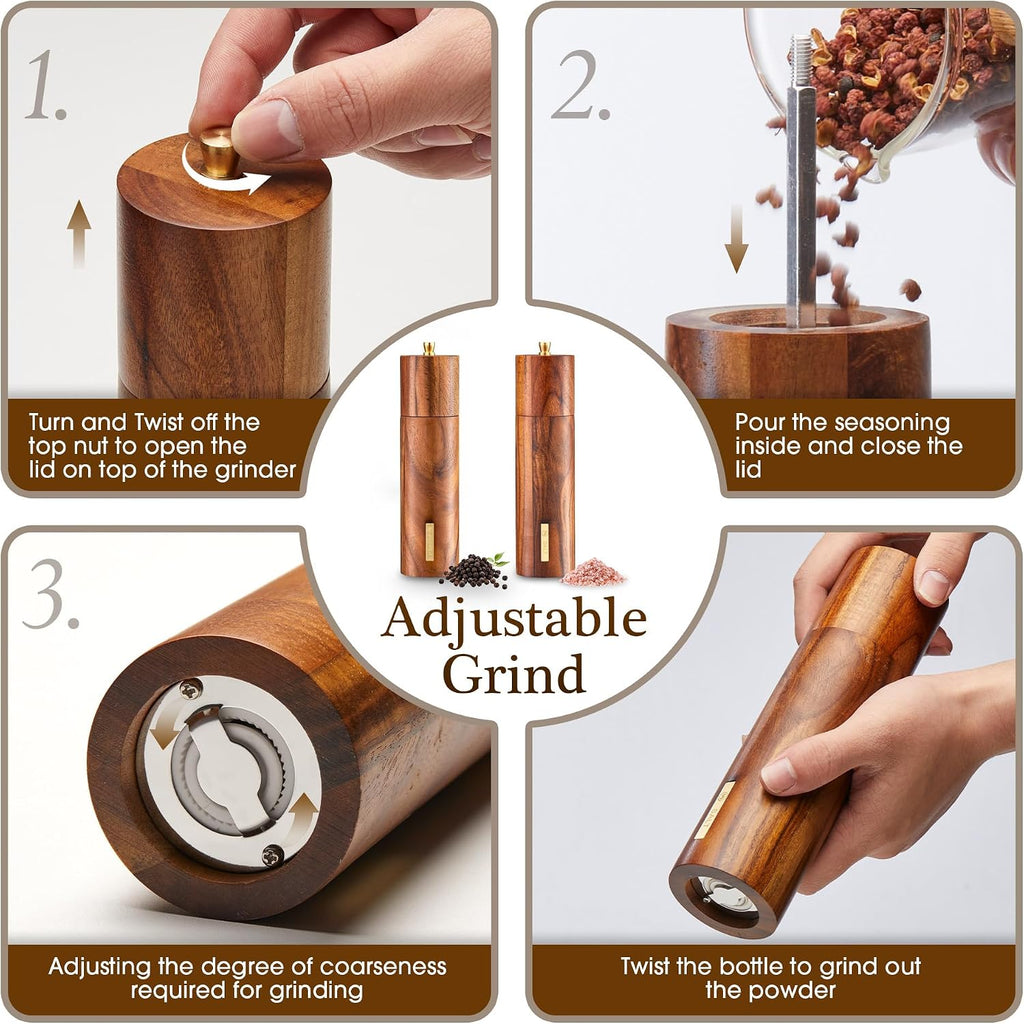 Acacia Wooden Salt and Pepper Grinder Set with Gold Label, Premium 8 Inches salt and pepper shakers, Manual - Set of 2