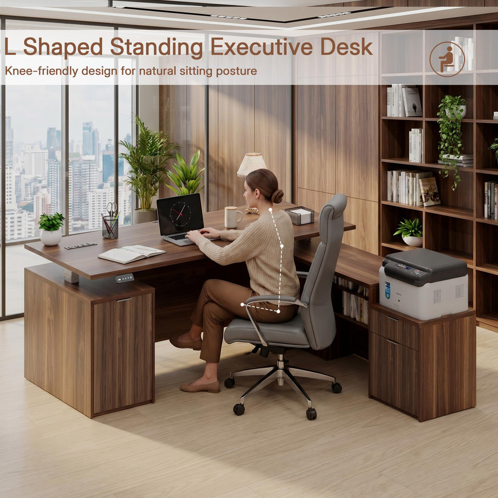 71" L Shaped Executive Desk with File Cabinet Drawers Outlet USB, Height Adjustable Office Desk Blister Board Privacy