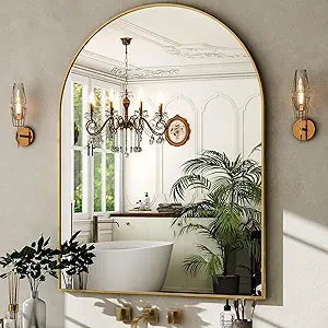 Arched Bathroom Mirror - 30"X40" Gold Large Wall Mounted Vanity Mirror Aluminum Alloy Frame Arch Wall Mirror and