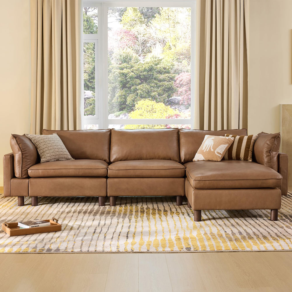 127" Genuine Leather Sofa, Large Sectional Couches, 4 Seater, Saddle