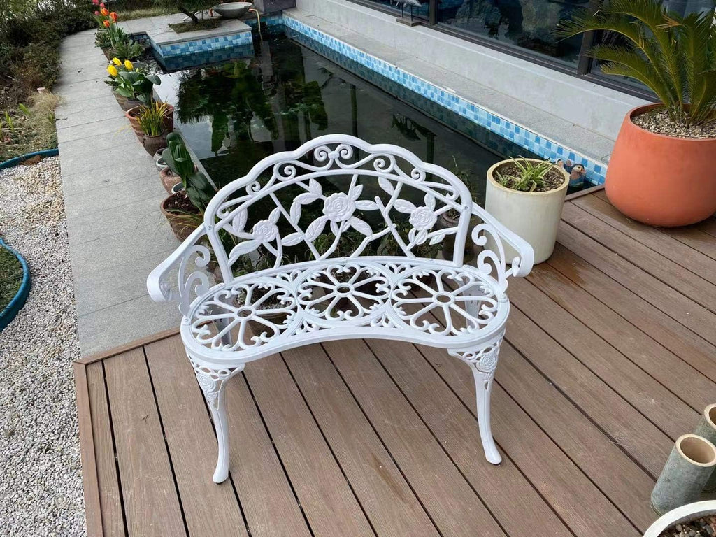 Balcony Bench Double Seat, Anti-Rust Cast Aluminum Patio Garden Bench for Park Yard Outdoor Furniture White.1