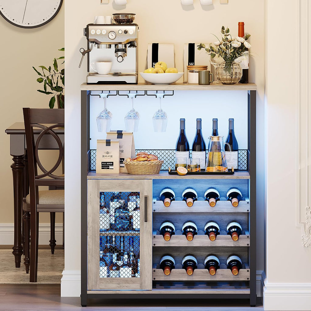 Industrial Wine Bar Cabinet - Adjustable Wine Rack, Glass Holders, Compact Sideboard , Removable 3-Tier Storage