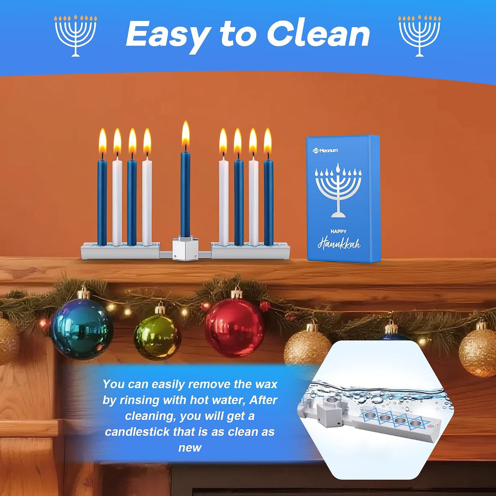 Folding Travel Chanukah with Candle Set, Foldable Hanukkah with 10 Blue and White Candles, Satin Silver, Fits