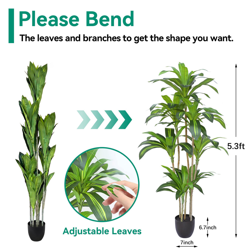 Artificial Plants 5.3Ft Dracaena Fragrans Faux Trees with 7 Heads Fake Tree Decor Indoor or Outdoor Office Decoration