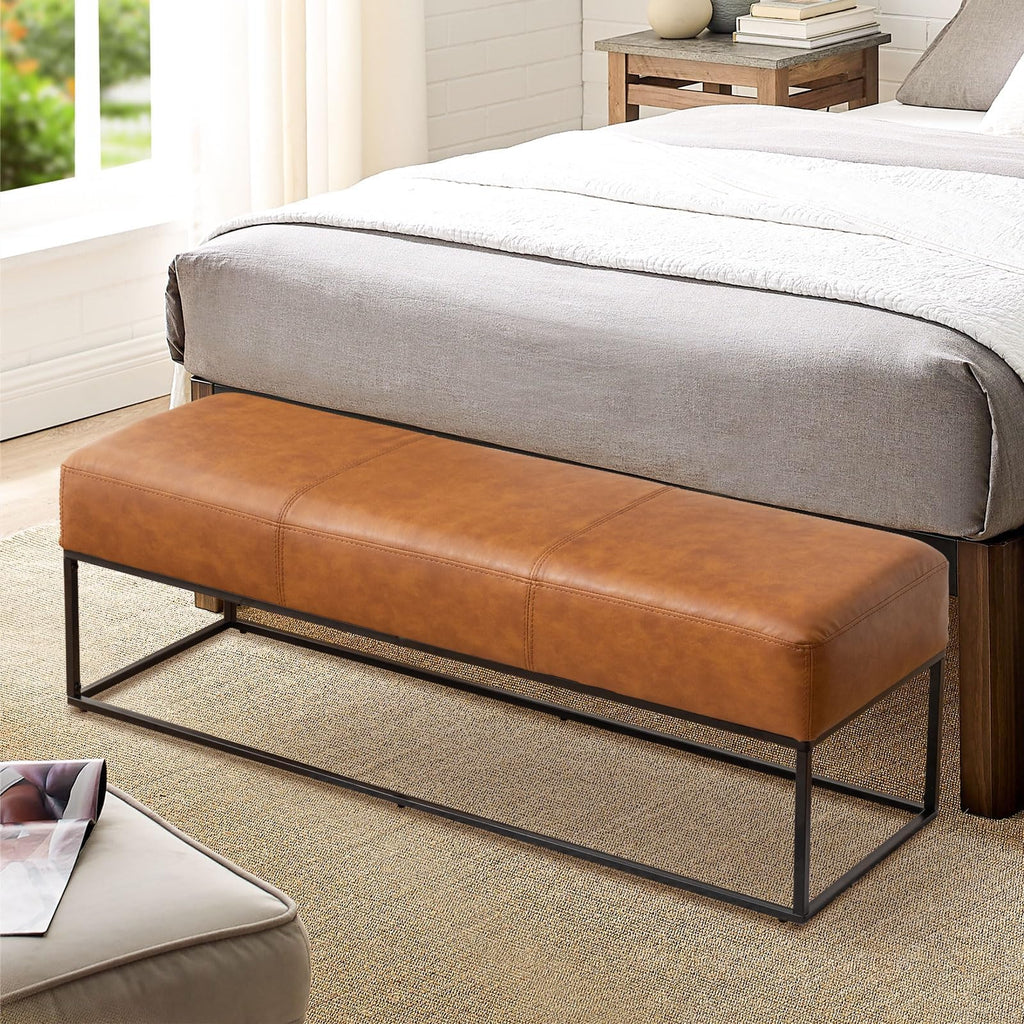 Leather Entryway Bench, Modern Long Faux Leather Ottoman Bench Seat with Metal Frame, 47'' Upholstered Bedroom Bench