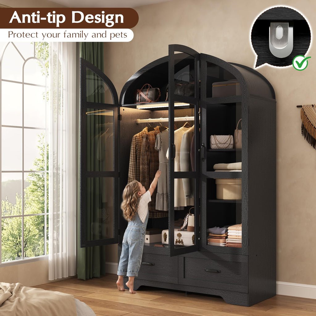 75"Arched Wardrobe Closet with 3 Doors, Bedroom Armoire with LED & Drawers