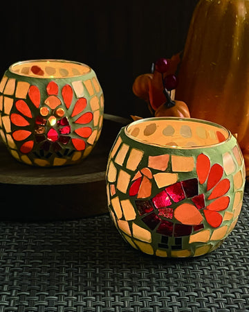 Thanksgiving Votive Candle Holder Set of 4, Mosaic Glass Tealight Holders with Turkey for Fall Table Centerpiece