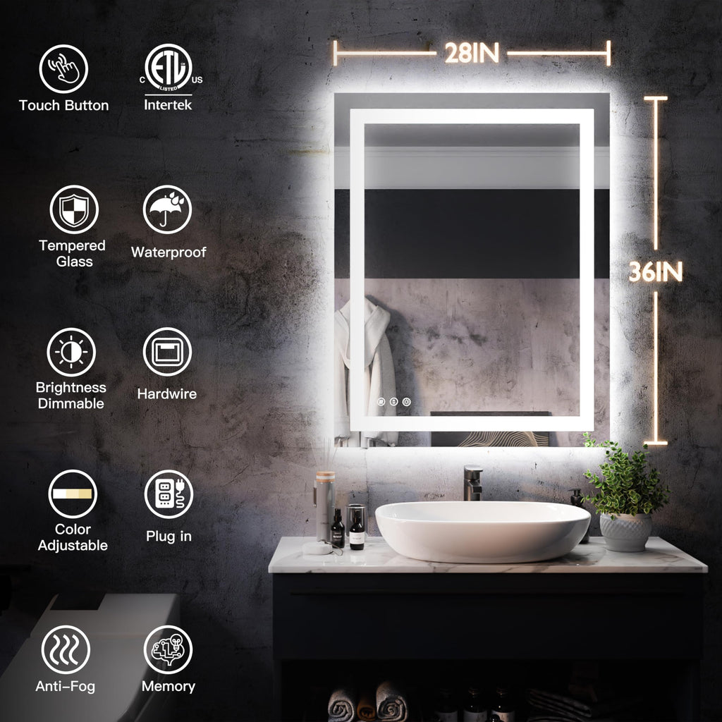 36x28 LED Bathroom Mirror, Wall Mounted Vanity Mirror, Dimmable