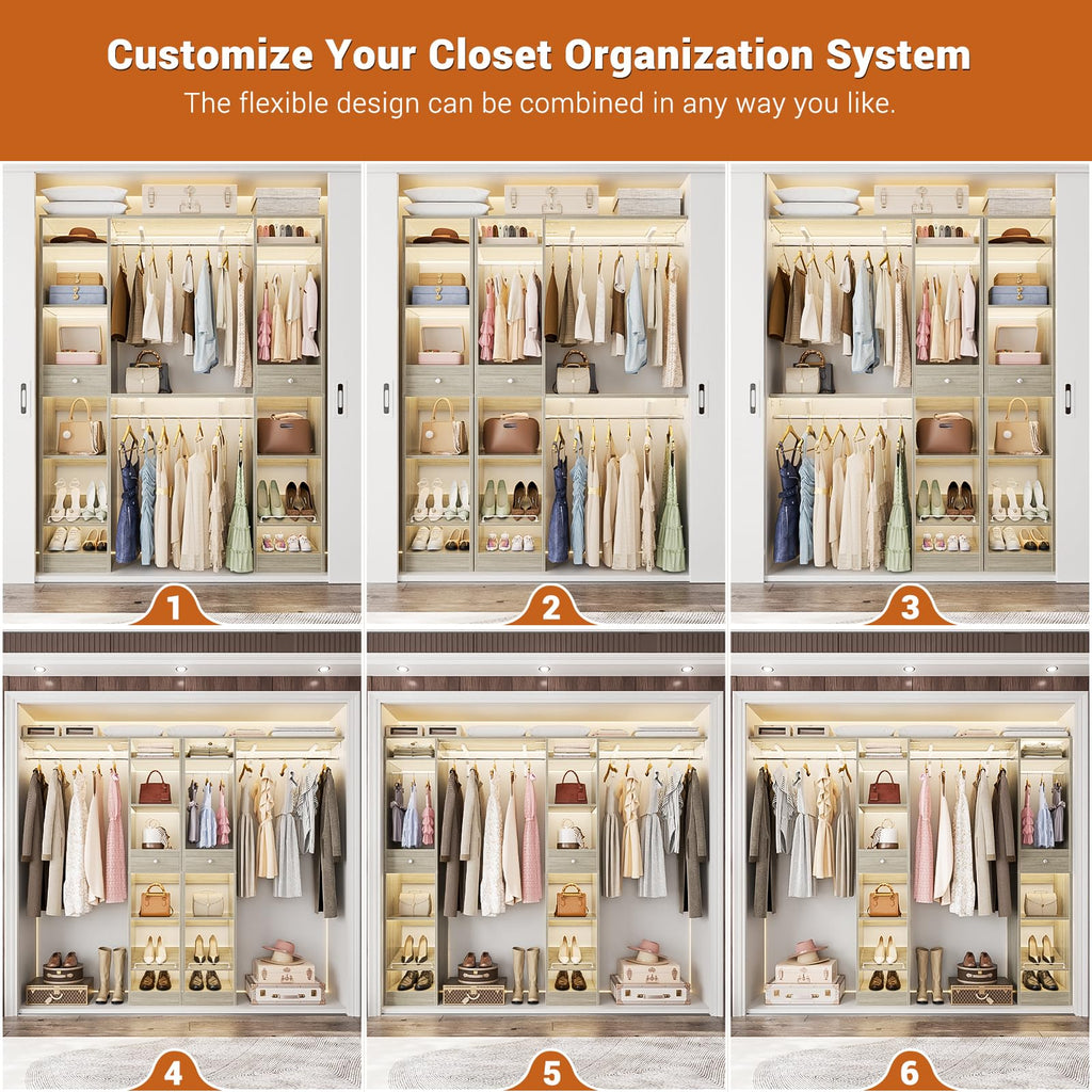 58" W - 90" W Closet System, Large Walk in Closet Organizer with 3 Hanging Rods and Shelves, Heavy Duty Wood Closet