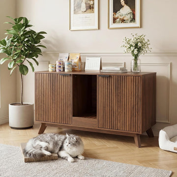Double Cat Litter Box Enclosure for 2 Cats, Fluted Hidden Litter Box Furniture with Litter Collector & Scratch Pad, 47"