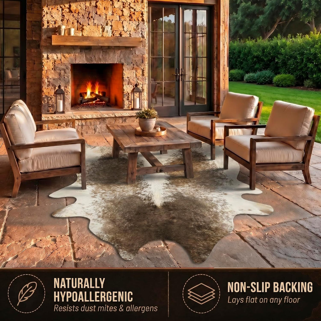 Kobe Cowhide Area Rug, Salt and Pepper Taupe White, 6x7 ft | Low Pile, Shed-Resistant, Brazilian Tannery Leather