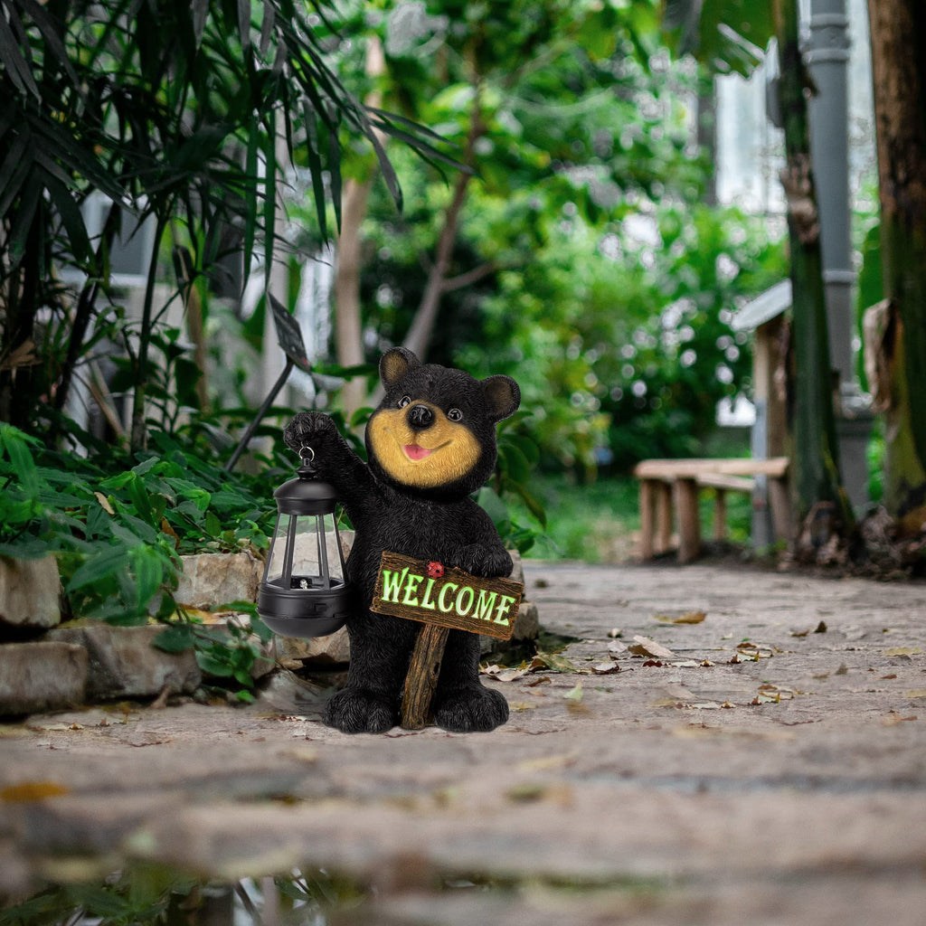 Garden Bear Statue with Solar LED Lantern, Luminous Welcome Sign, Gifts for Christmas Yard Art, Whimsical Figurine