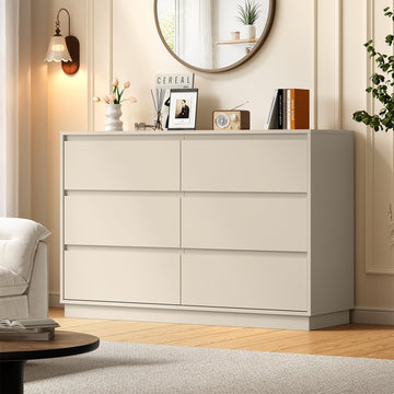 Beige 6 Drawer Dresser with Charging Station | 47" Wide Modern Chest of Drawers, Wood Closet Clothes Storage Cabinet