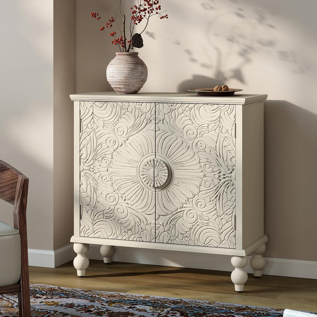 Buffet Cabinet with Storage, Accent Cabinet with 2 Carved Doors, Solid Wood Sideboard with Adjustable Shelf, Vintage