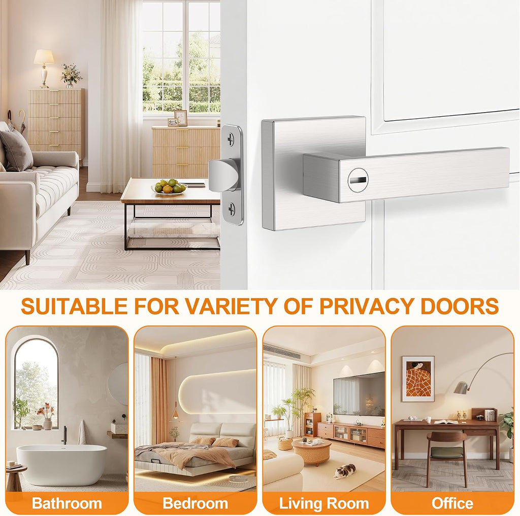 5 Pack Brushed Nickel Door Handle, Door Knobs Interior Heavy Duty, Flat Square Privacy Door Levers, Keyless Door